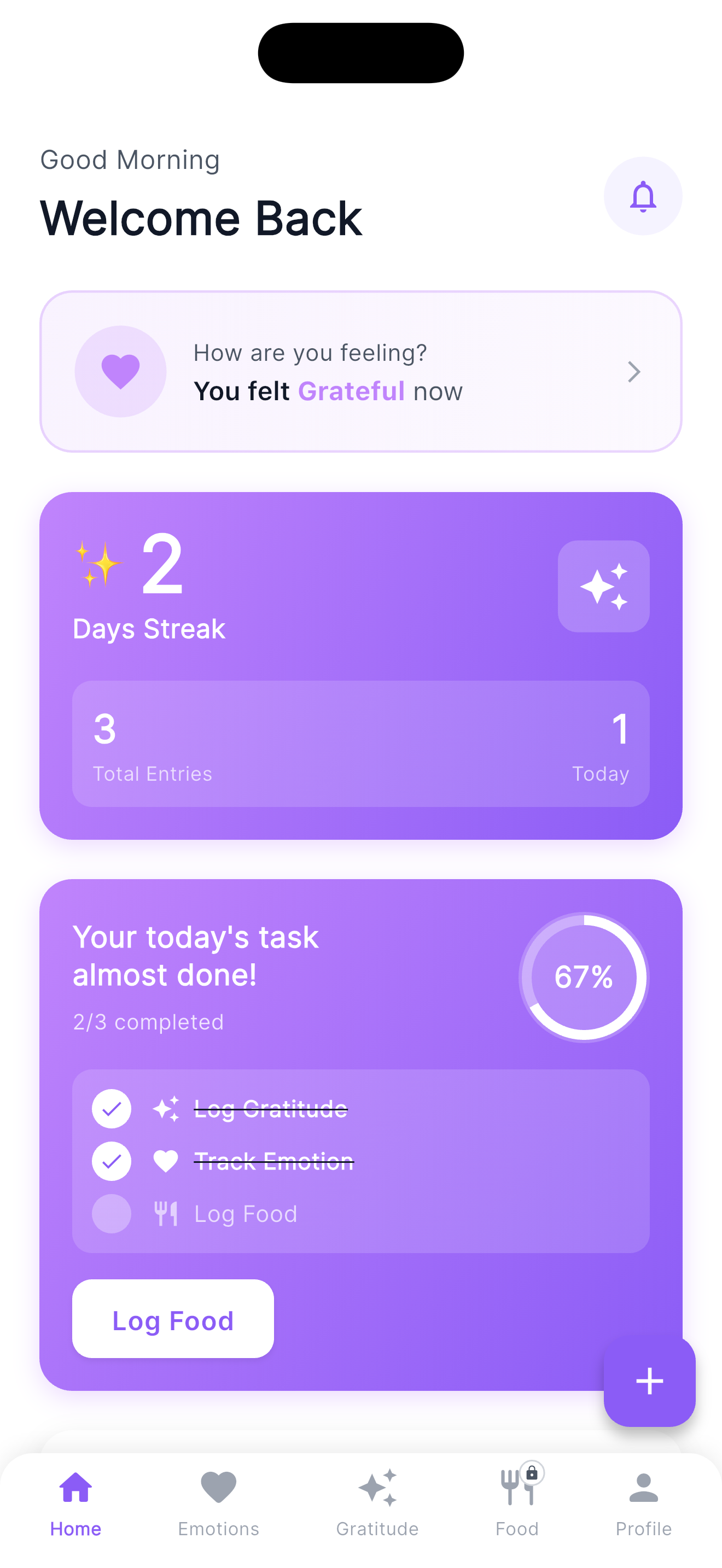 Vita quick actions for gratitude, emotion, and food